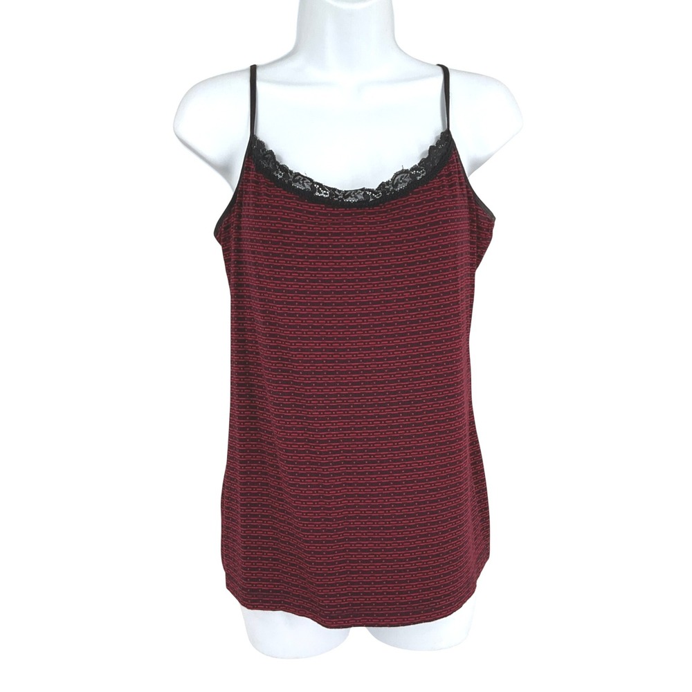 Ann Taylor LOFT Camisole Women L‎ Red Lace Trim Striped Tank Top Grunge Goth